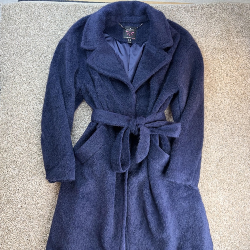 Isaac Mizrahi Live Coat Womens 1X Blue Fuzzy Belted Long Knit Lined Overcoat